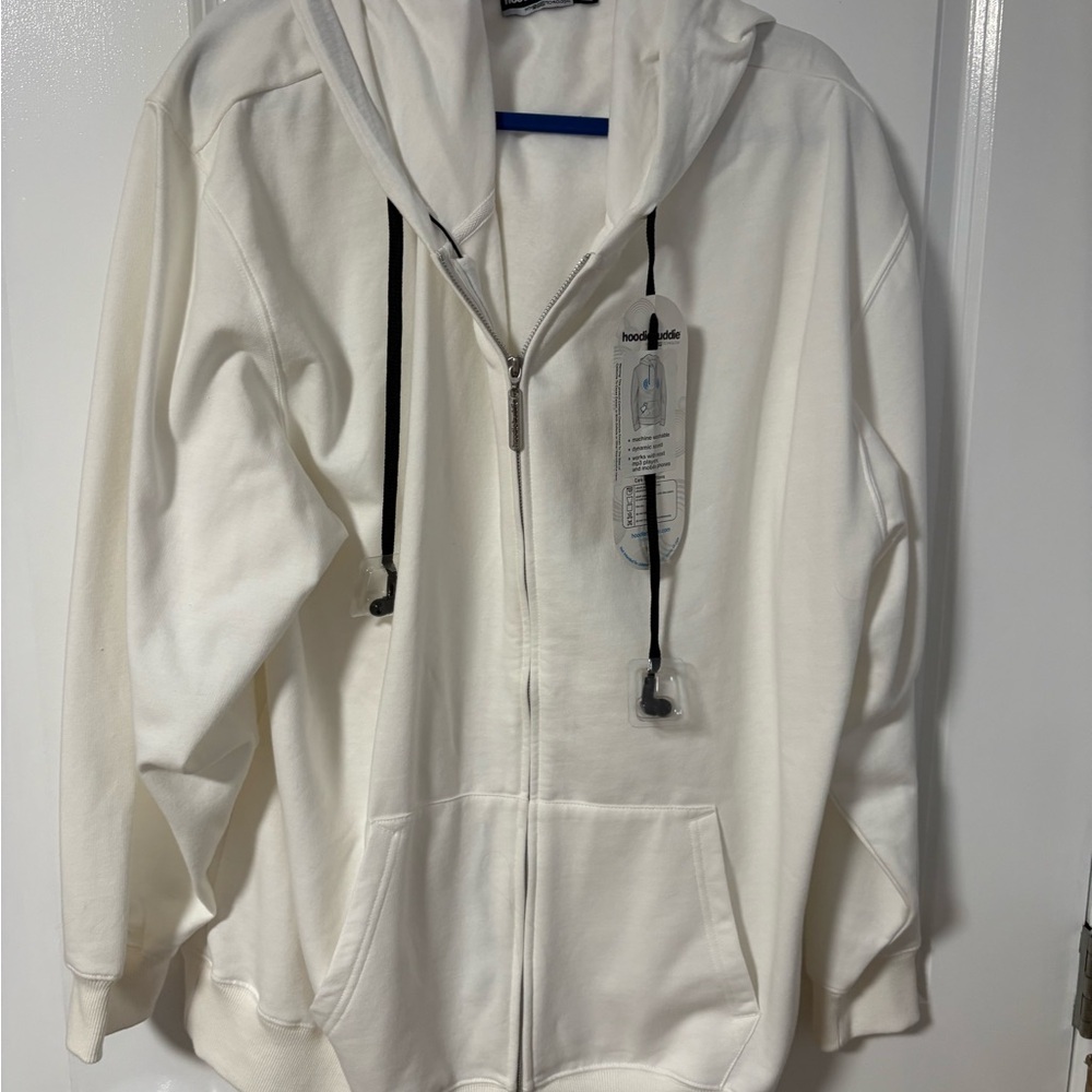 Hoodiebuddie White Zip-Up Hoodie with Built-In Headphones